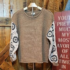 281 Neutral Brown Crewneck Sweater with Cream & Black Crochet Sleeves
